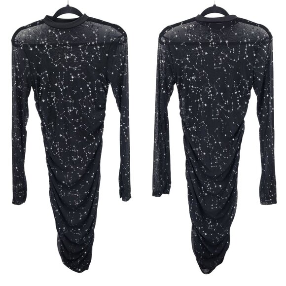 Black Mesh Long-Sleeve Bodycon Dress Sz L Star Constellation Print Witchy Gothic - Picture 1 of 13